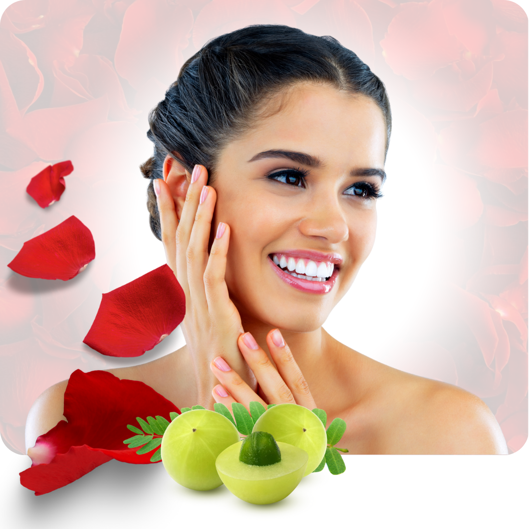 Ayurvedic herbs like Amla, Rose, Turmeric, and Manjistha for glowing skin